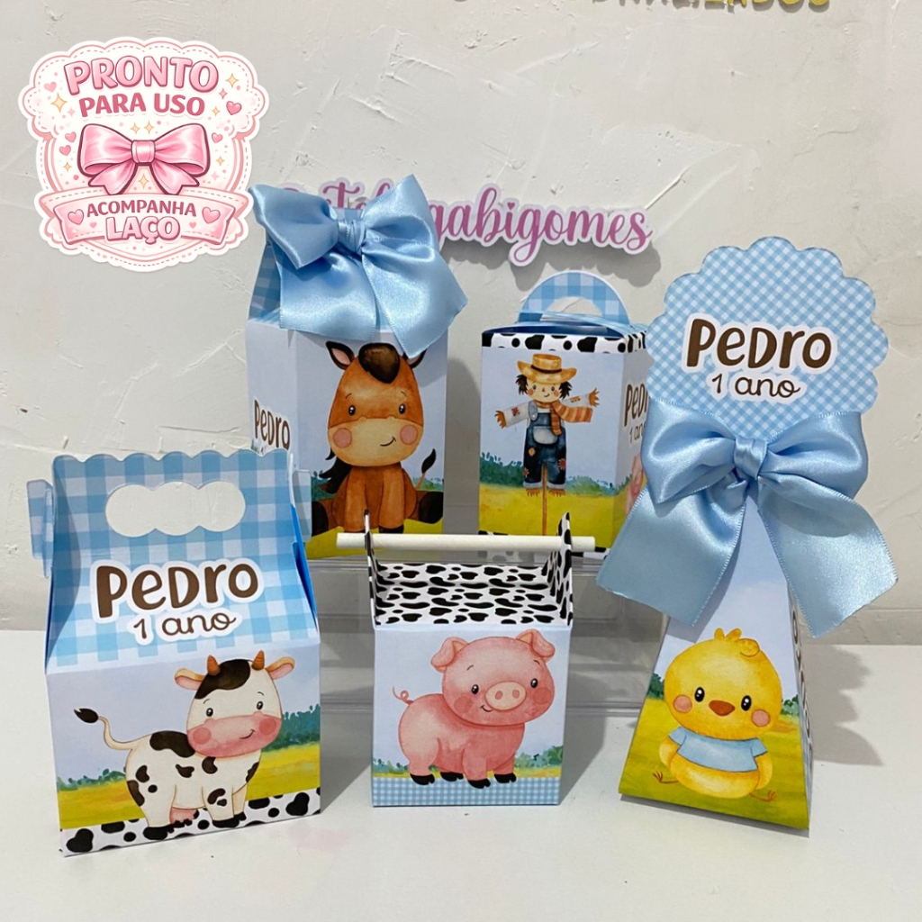 FAZENDINHA AZUL XADREZ  Kit Festa Personalizado  - CAIXAS MONTADAS - Lembrancinha - Festa Infantil - Aniversário