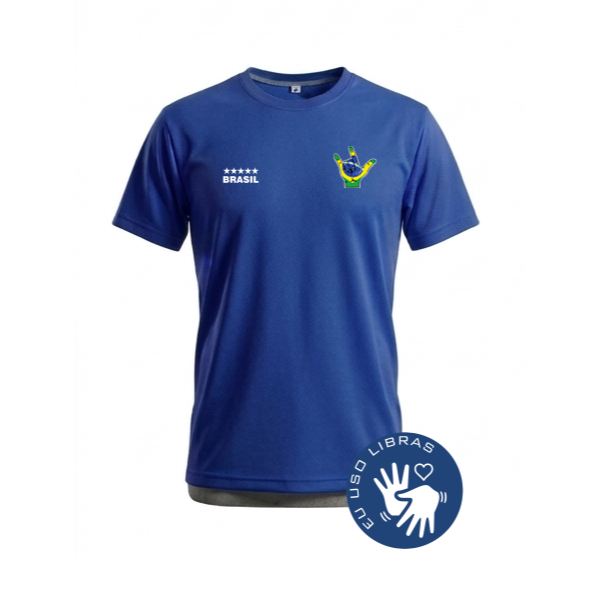 Camiseta básica Malha Fria (PV) Azul Camiseta Manga Curta Camiseta com estampa personalizada do Brasil em LIBRAS