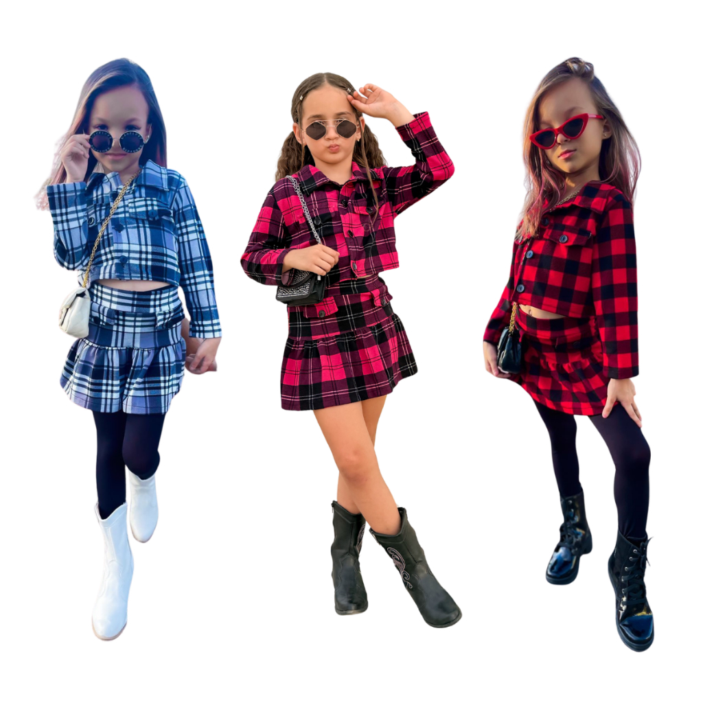 Conjunto Xadrez Infantil De Menina Short Saia e Jaqueta Manga Longa