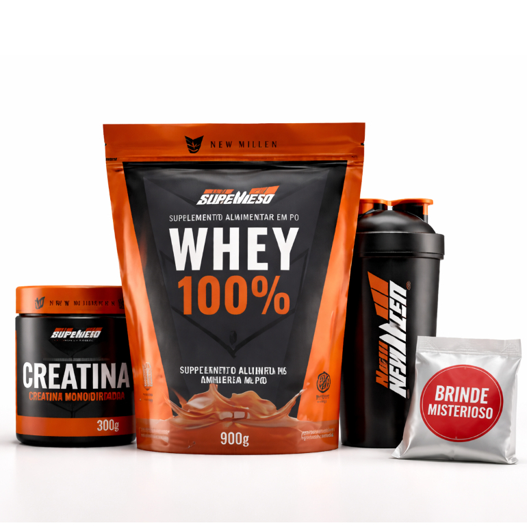 Combo Suplementos New Millen Whey 100% Doce de Leite + Creatina Pura 300g + Shaker 600ml + Brinde