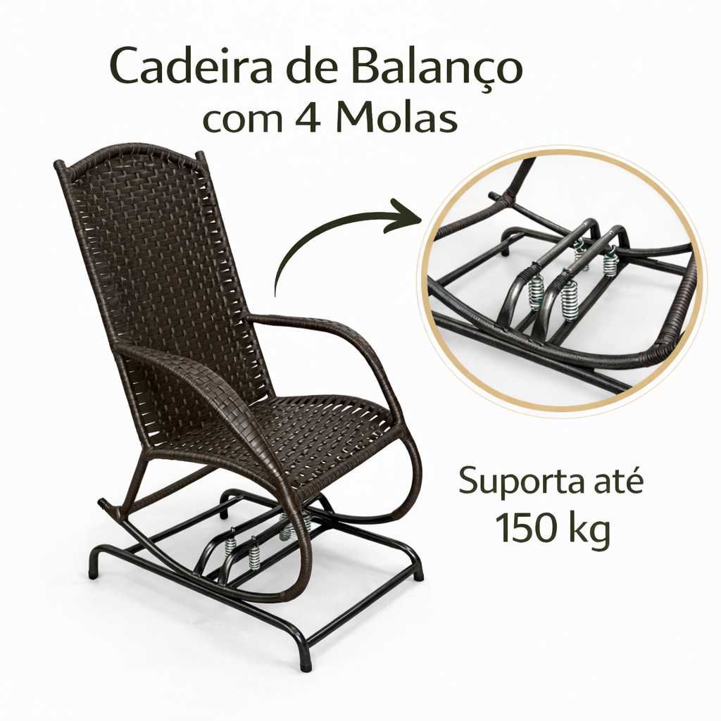 Cadeira de Balanço Para Área externa Varanda com Mola de Fibra Sintética Resistente 4 Molas Poltrona