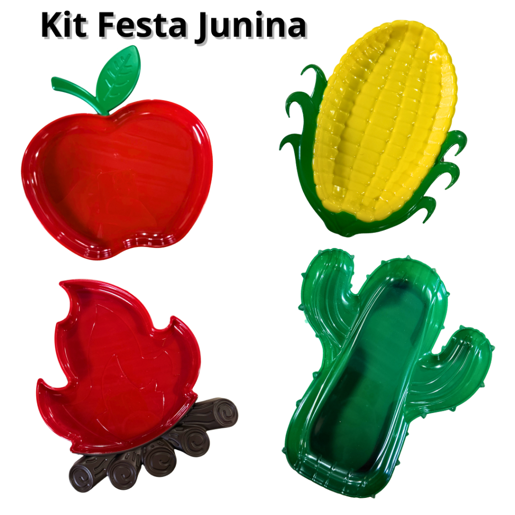 Bandejas Temáticas Festa Junina Plástico Resistente Petisqueiras Maçã Milho Cacto e Fogueira