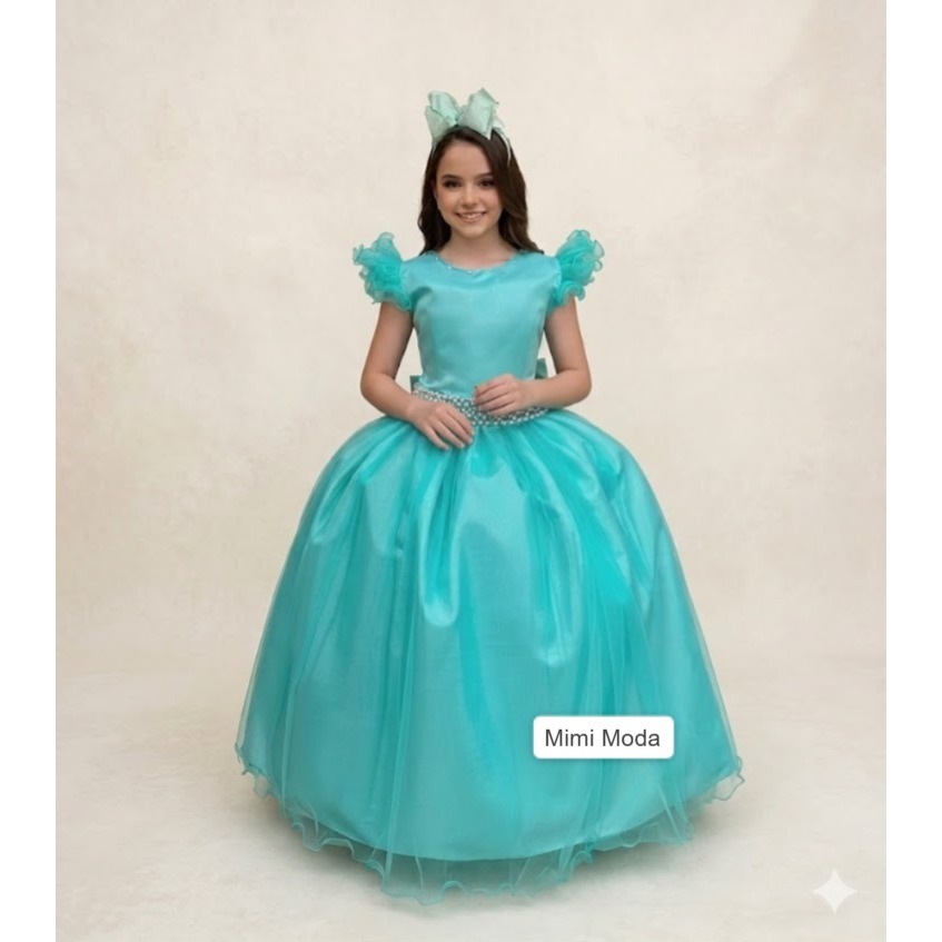 Vestido Infantil Menina Longo Verde Tiffany Dama De Honra Daminha Formatura Casamento Noivinha Luxo