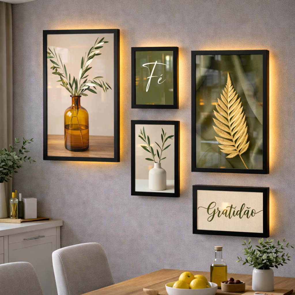 Quadros Decorativos Kit 5 Peças Vaso Planta Fé Gratidão Paz Sala Hall