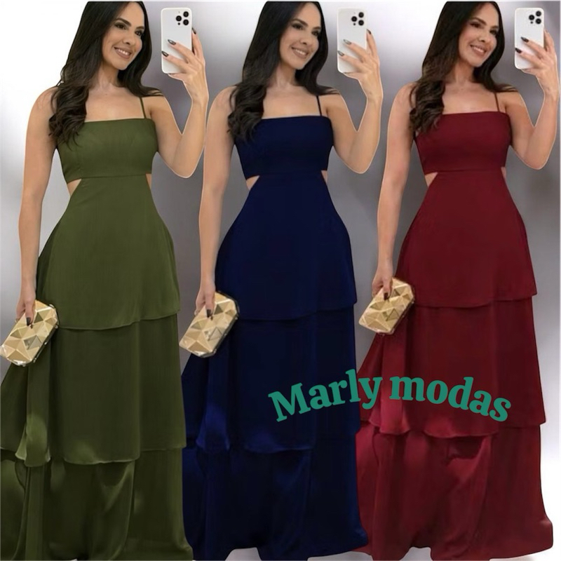 VESTIDO LONGO DE SAIA  EM TRÊS CAMADAS em Oferta na Shopee