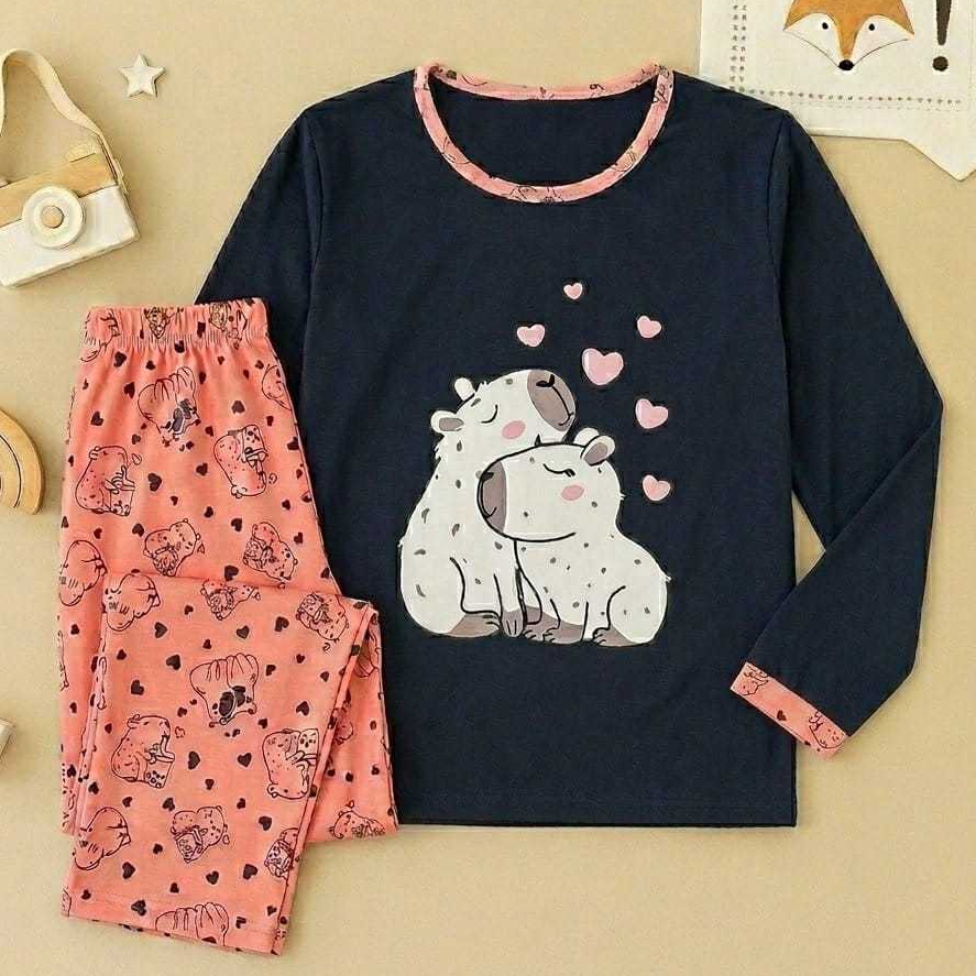 Pijama De Inverno Capivarinhas Fofas Malha Premium Longo Manga Comprida e Calça Feminino Adulto