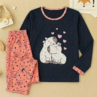 Pijama De Inverno Capivarinhas Fofas Malha Premium Longo Manga Comprida e Calça Feminino Adulto