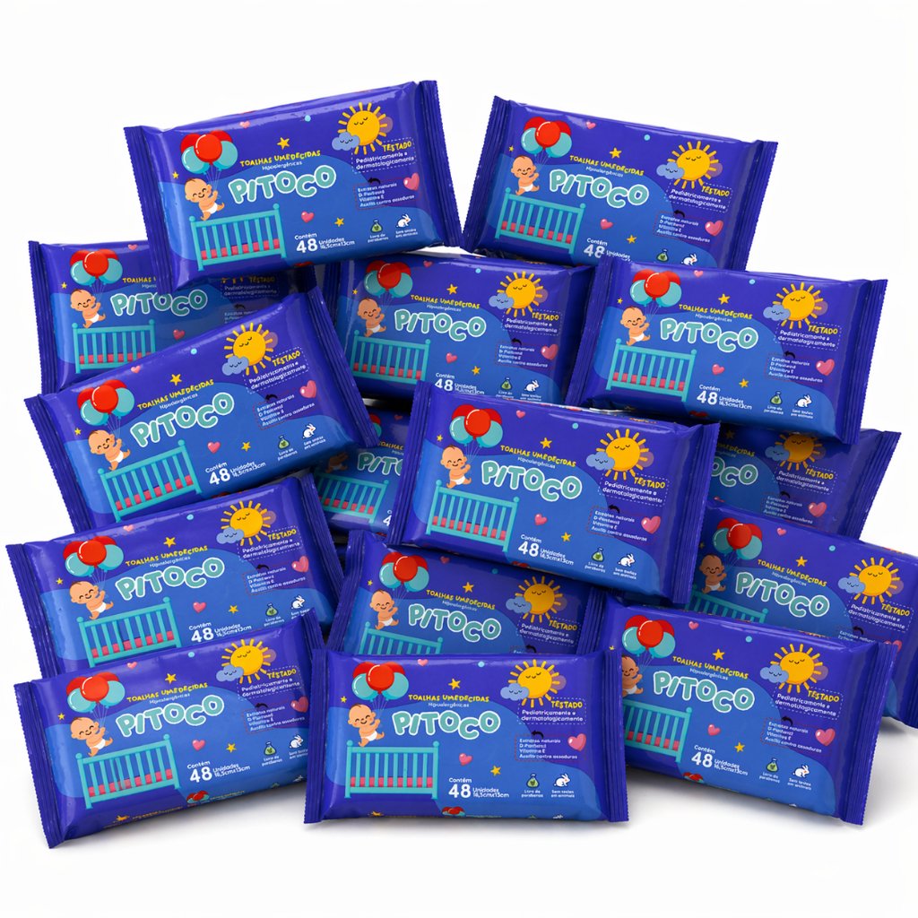 Kit com 15 Pacotes de Toalhas Umedecidas Pitoco - 48 Folhas  98% Água - Vegano