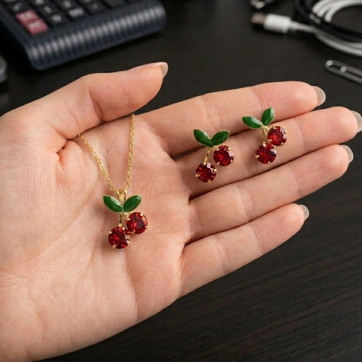 Colar e Brinco Cereja Folheado a Ouro 18k A Prata 925  Delicado Atemporal Delicado