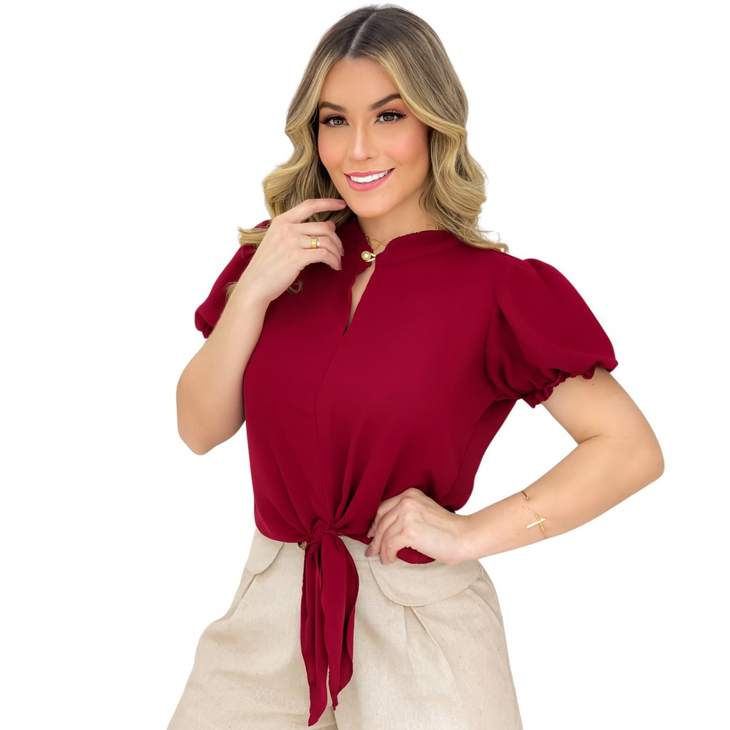 Blusa Feminina Manga Princesa com Amarração Frontal – Elegante e Estilosa
