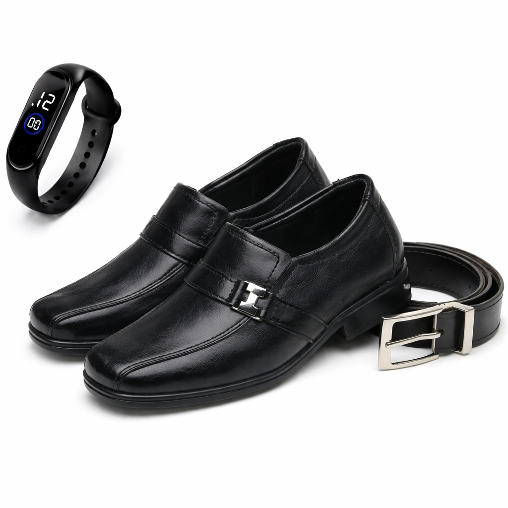 Kit 1 Par De Sapato Social Infantil Masculino + Relógio + Cinto Infantil Ajustável