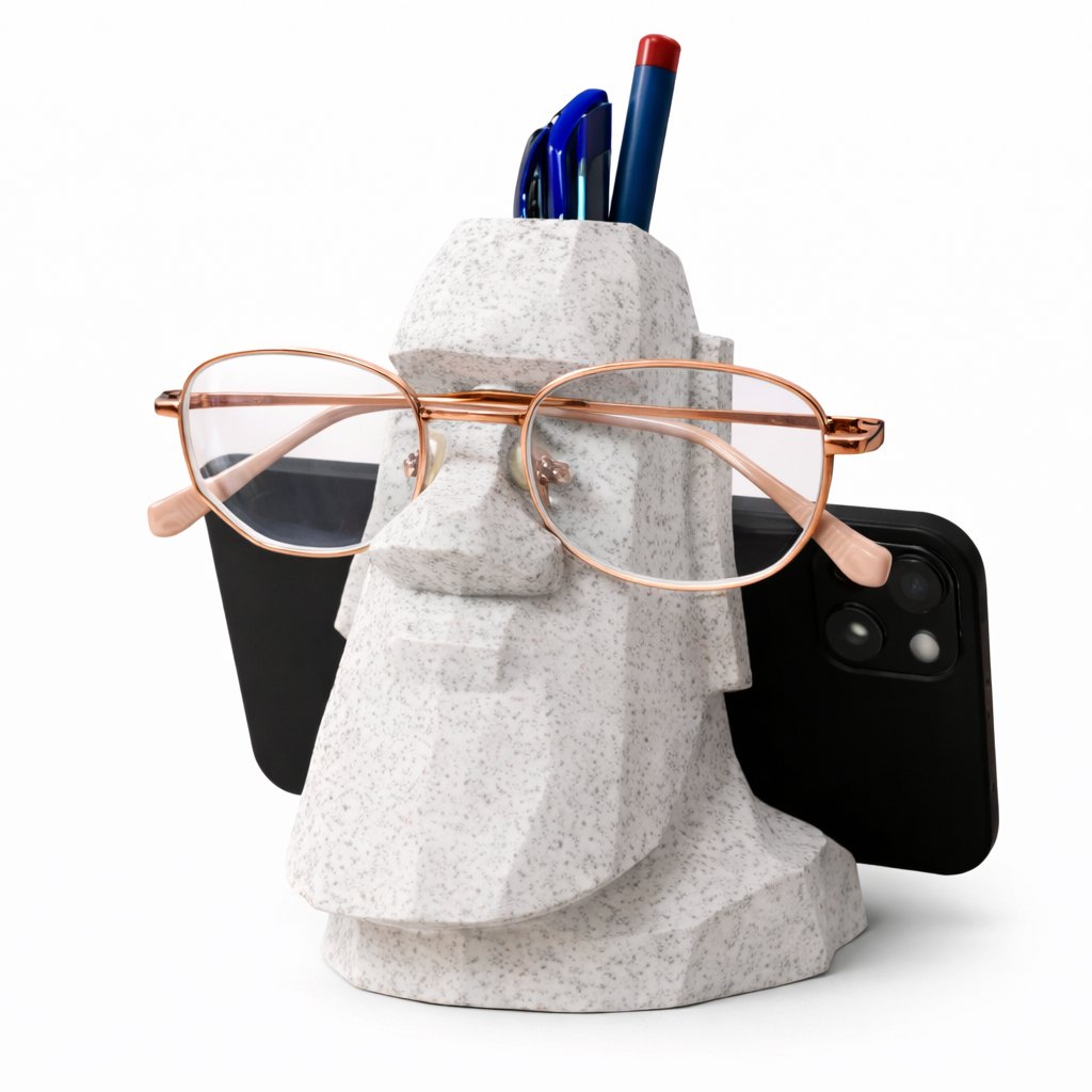 Organizador de Mesa Moai | Suporte para Celular + Óculos + Canetas | Decoração Moderna