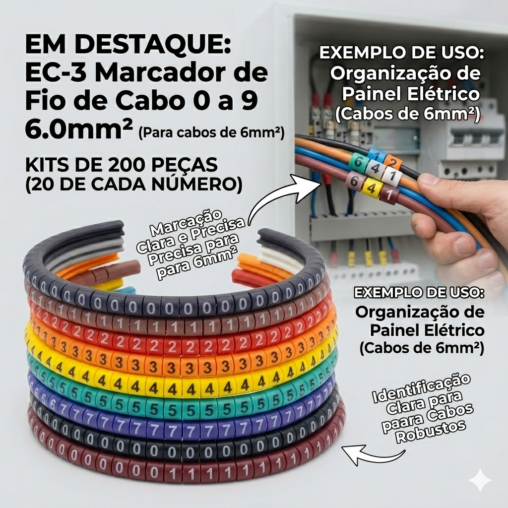 Marcador de Fio 0-9 EC-3 6mm 200pcs Anilha Identificador de Cabos Numérico PVC