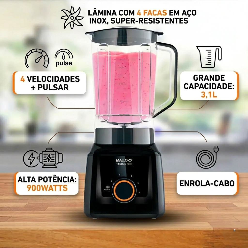 Liquidificador Mallory Taurus 1000 Preto 3,1L 1000W Potente 4 Velocidades Função Pulsar Resistente