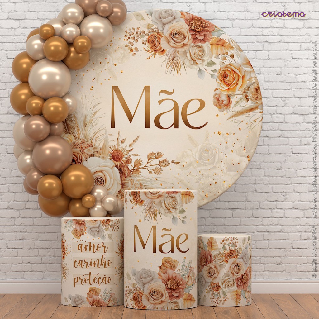 Kit Painel Redondo e Cilindro Decorativo Dia das Mães Sublimado Em Tecido Veste Fácil