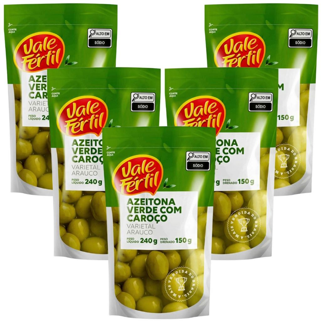 Kit 5 Sachês Azeitona Verde Inteira Com Caroço Vale Fértil 150g