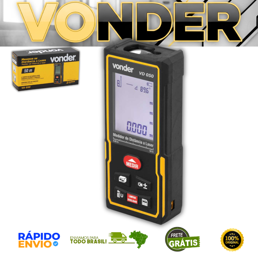 Medidor de Distância a Laser 50m VONDER VD050 Alta Precisão Profissional Mede Área Volume Compacto