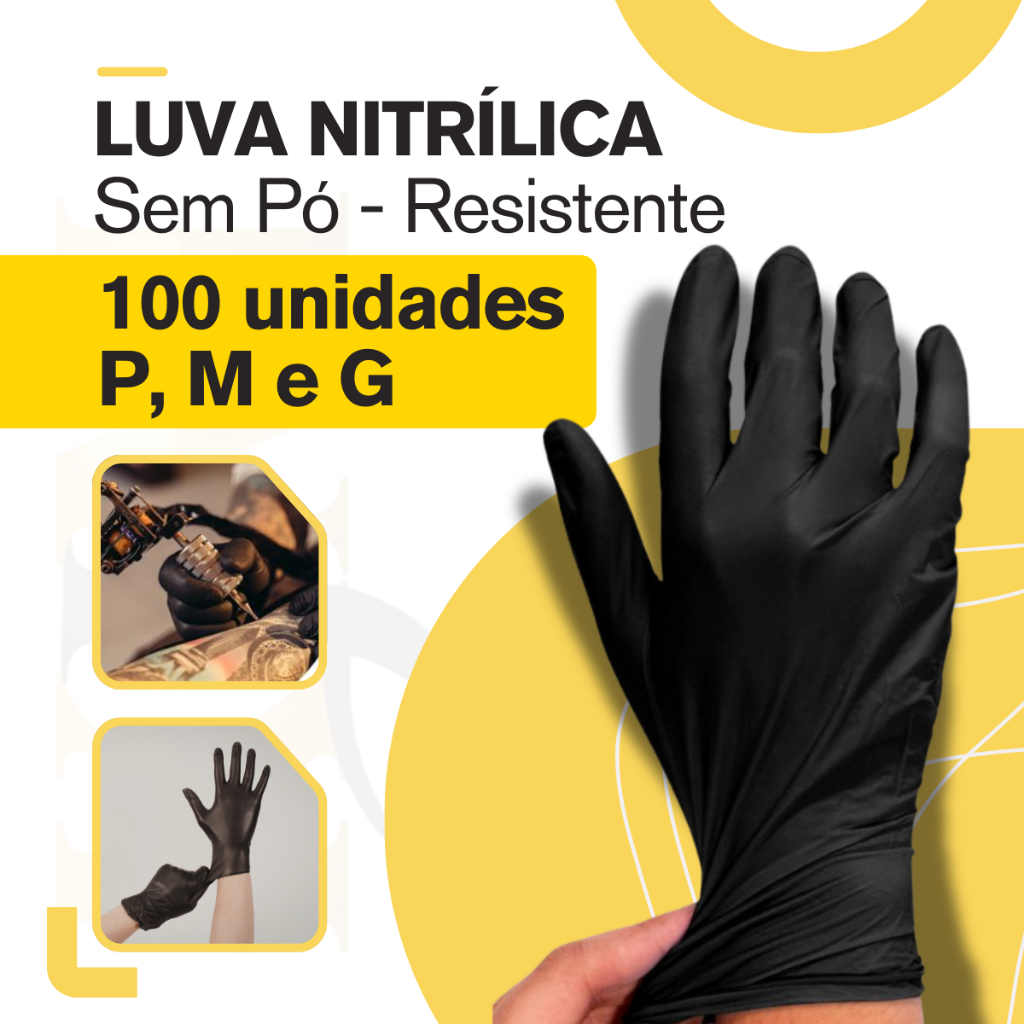 Luva Nitrílica Preta Descartável Sem Pó 100 Unidades Para Uso Profissional