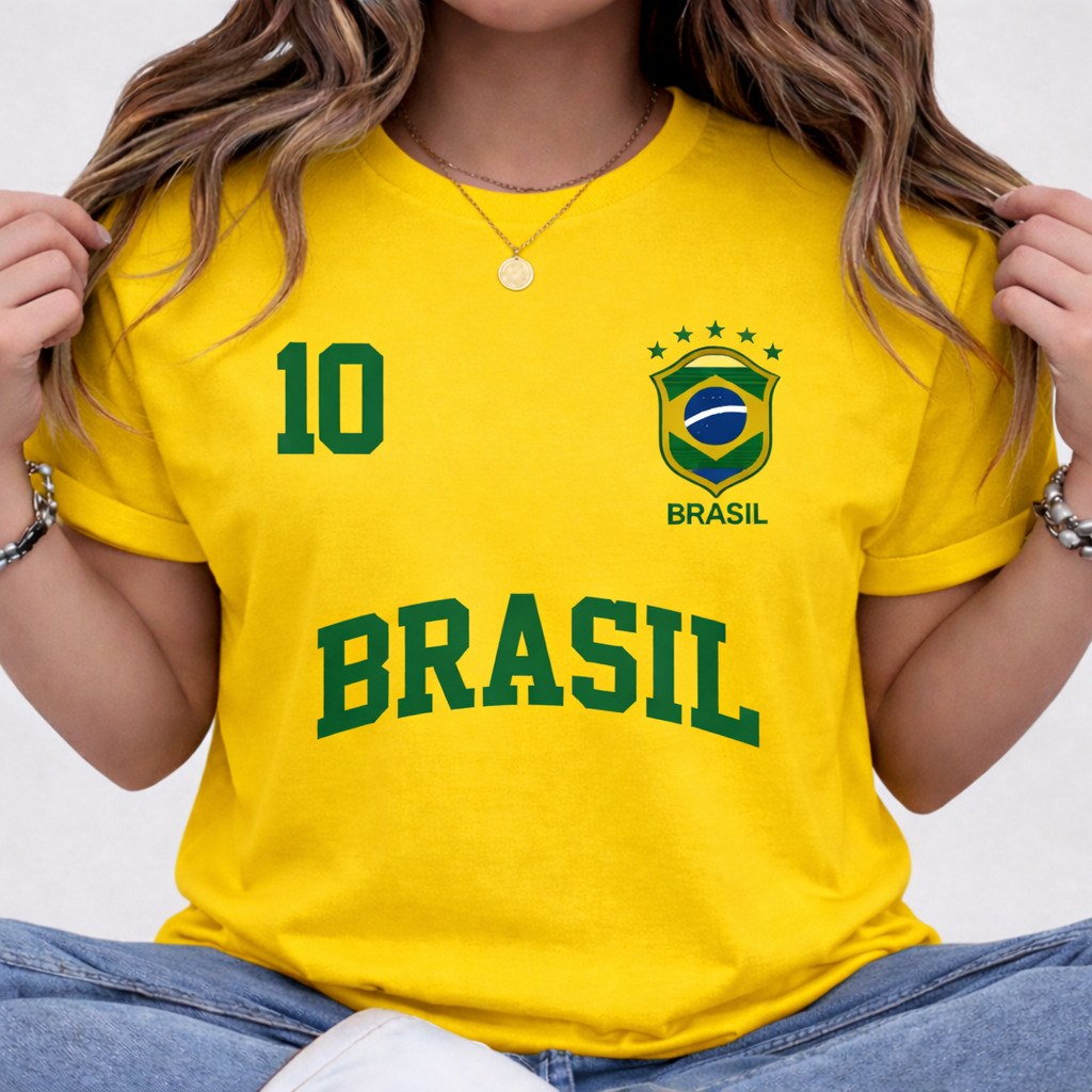 Camiseta Camisa Feminina Blusa 100% Algodão Streetwear Brasil Copa Bandeira Futebol Tendência Oferta