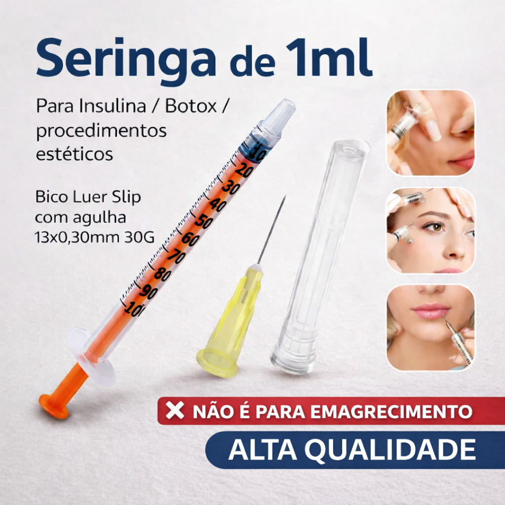 Seringas Insulina / Botox - Com Agulha 13x0,30 - de 1ml 100UI Luer Slip (Liso) - Kit com 10  / 20 / 50 / 100 Unidades