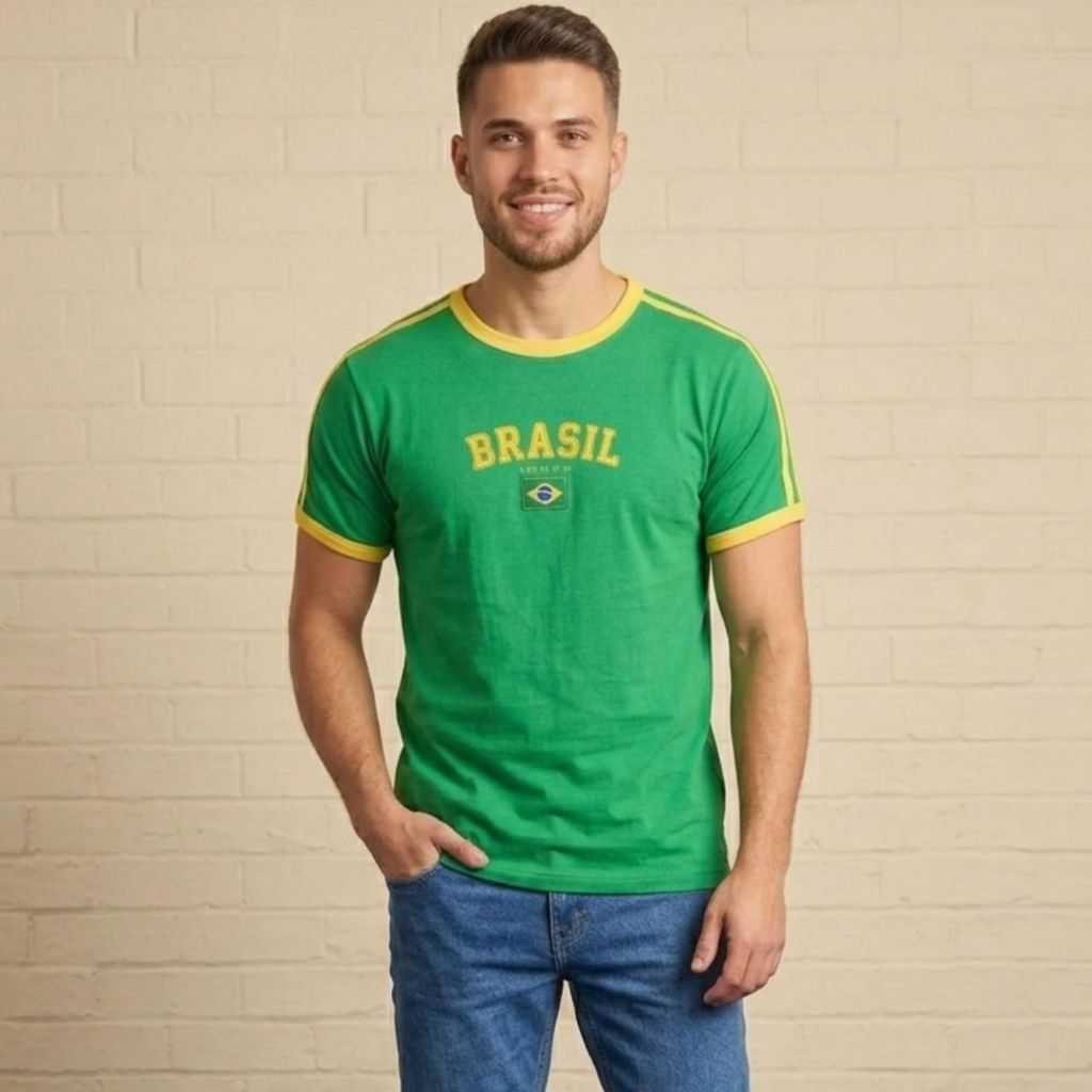 Camiseta Masculina Brasil Retrô Vintage Bordada Copa do Mundo