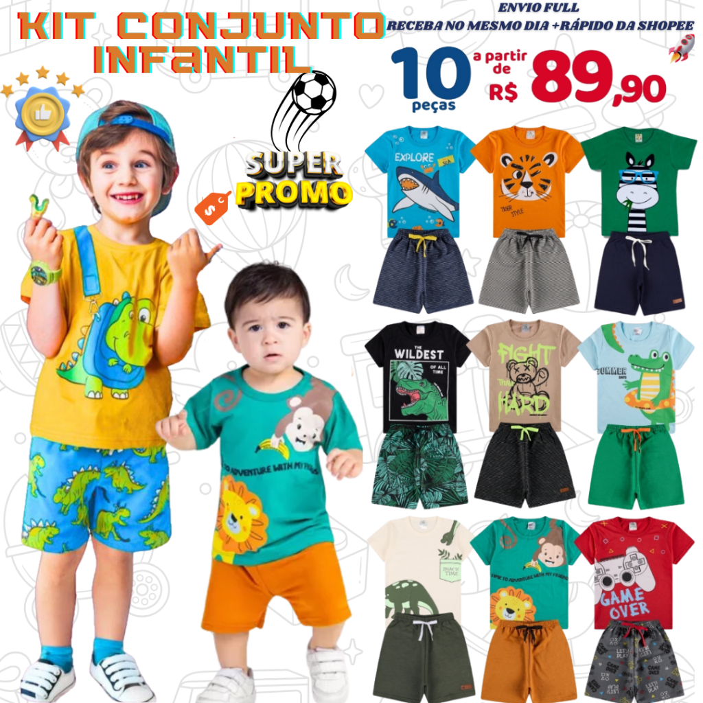 Kit até 10 peças Conjunto Infantil Menino Roupa Estampada Bebê Verão Criança Algodão Confortável Masculino Blogueirinho