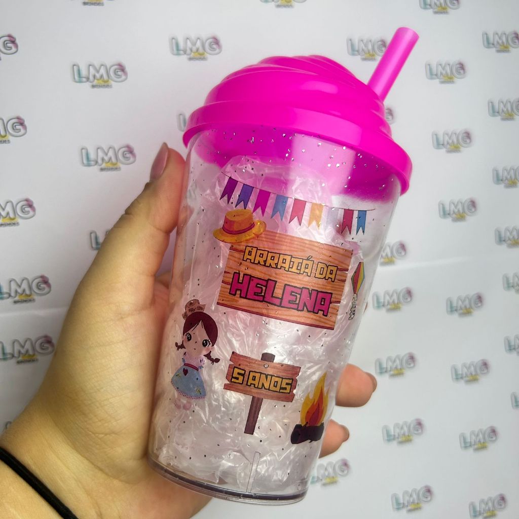 Lembrancinha Festa Infantil Copo Personalizado 300ml com Tampa e Canudo Aniversário ARRAIA FESTA JUNINA SÃO JOAO