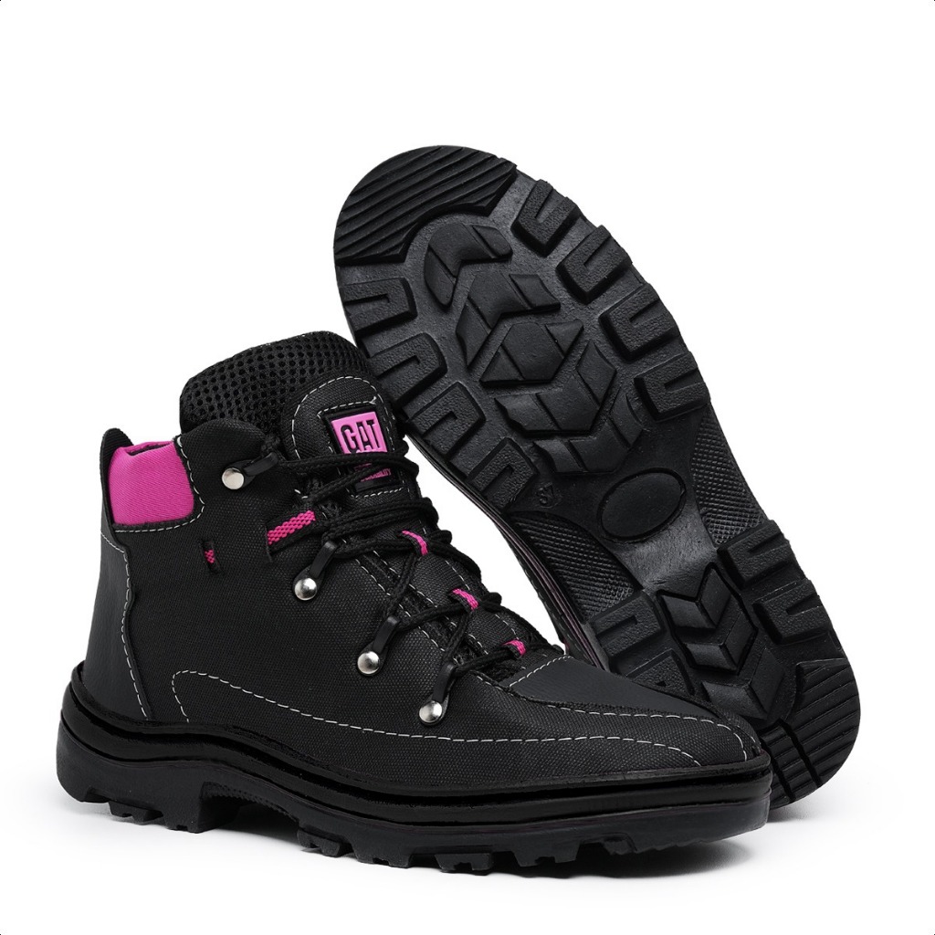 Bota Coturno Feminino Adventure Tênis Cano Curto Preto Rosa do 33 ao 40
