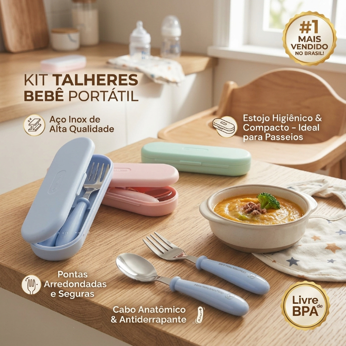 Conjunto de talheres infantis, feito de aço inoxidável 304, inclui colher e garfo, e vem com caixa para armazenamento