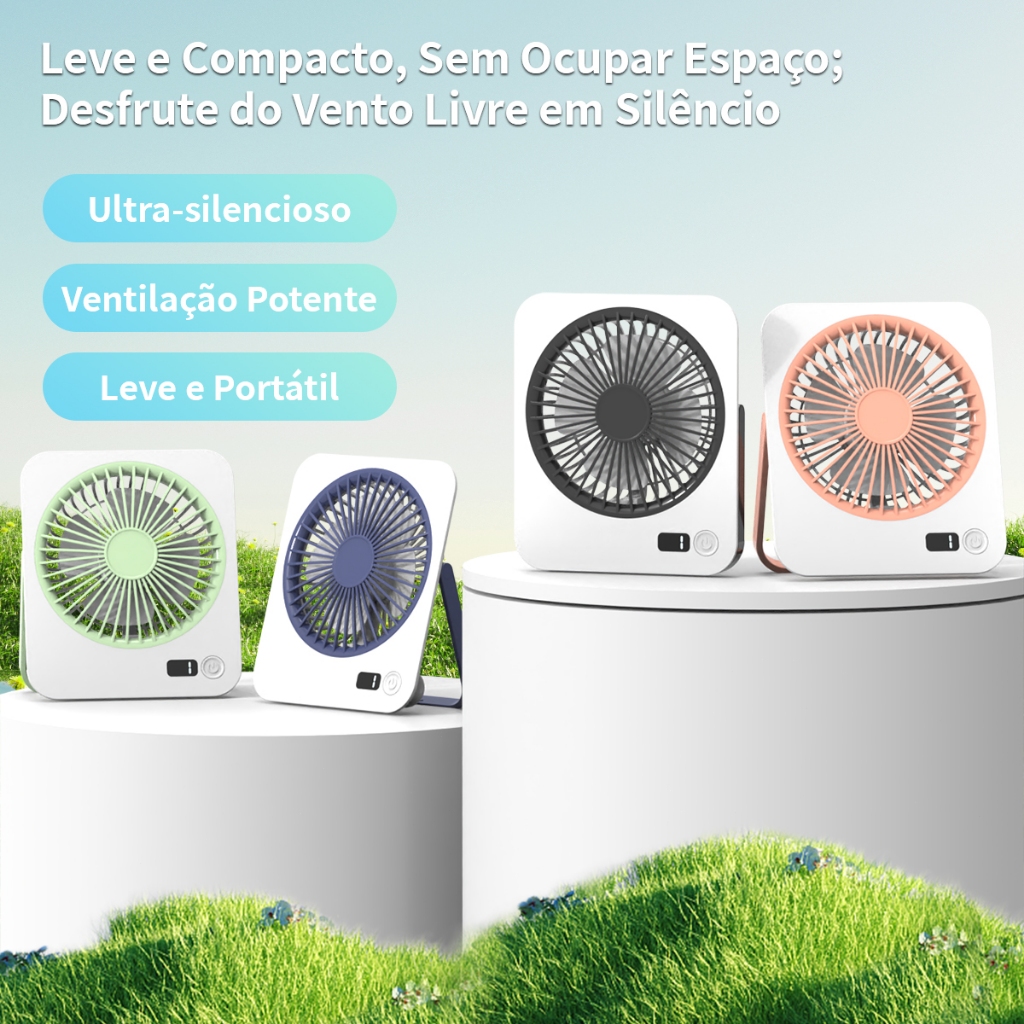 Ventilador de Mesa Portátil com 5 Velocidades, Luz LED e Recarregável – Ideal para Escritório e Viagens