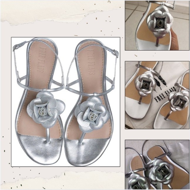 Sandália Feminina Rasteirinha Free Flats Flor Couro Metalizada Prata Macia Conforto Verão