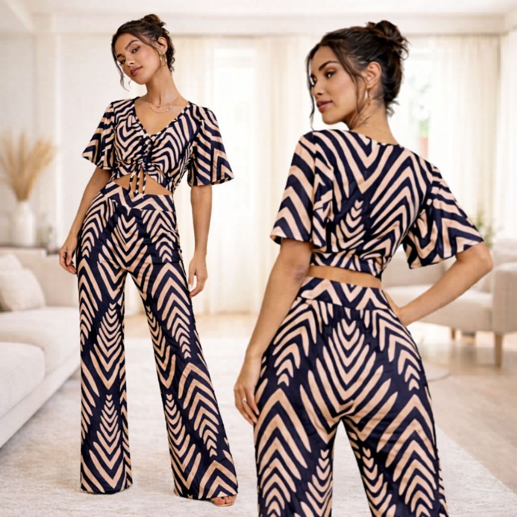 Conjunto Feminino Pantalona Slim e Cropped Manga Curta Flare Calca Cintura Alta Bolsos Decote V