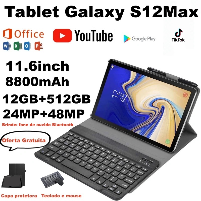 【Teclado e mouse gratuitos】Tablet Galaxy S12Max 12 GB de RAM + 512 GB de ROM Tela HD de 11,6 polegadas Android5G