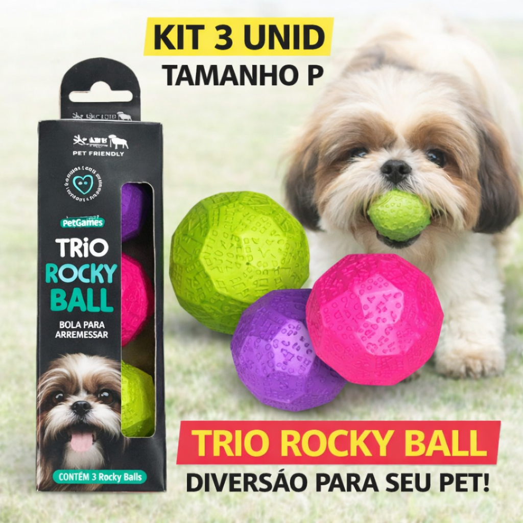 Trio Rock Ball Bolinhas para Cachorro Maciça Resistente Colorida 50mm