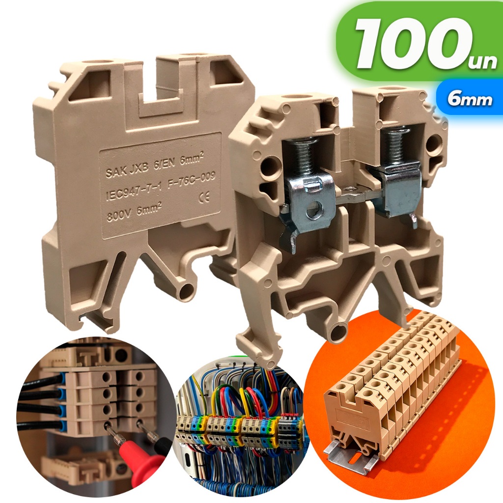 Kit 100x Conector Borne Sak 6mm Bege Conector Borne de Passagem Elétrico Fixação Trilho Din Atacado