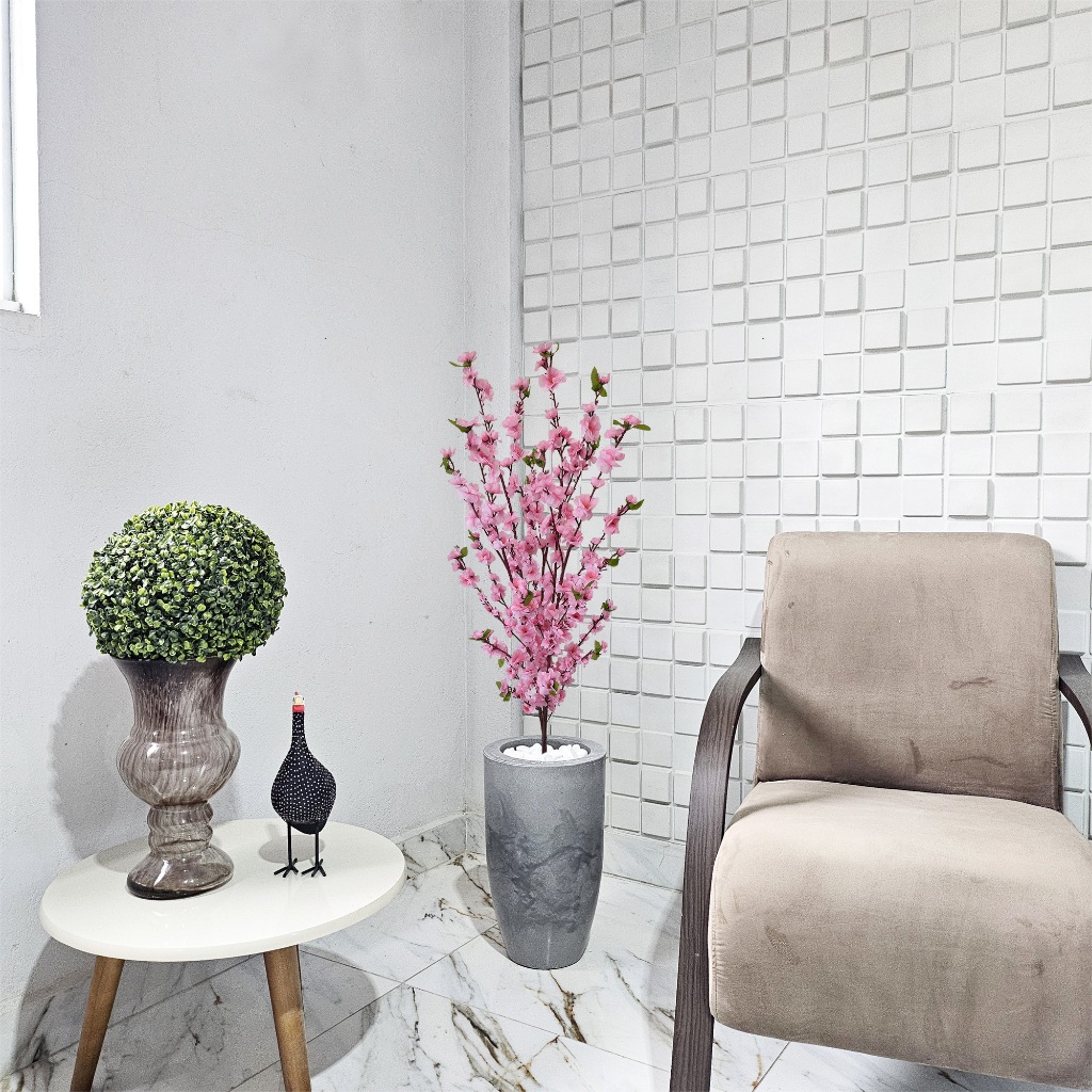 Flor Artificial Cerejeira Rosa Vaso Cone Mármore Pedra Decoração