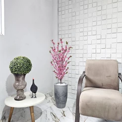 Flor Artificial Cerejeira Rosa Vaso Cone Mármore Pedra Decoração