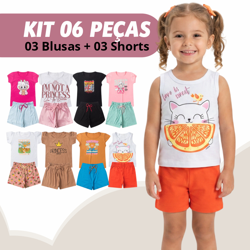 Kit 3 Conjuntos 6 Peças Verão Menina Infantil Algodão Shorts E Camisa Estampada Confortável 1 A 12 Anos