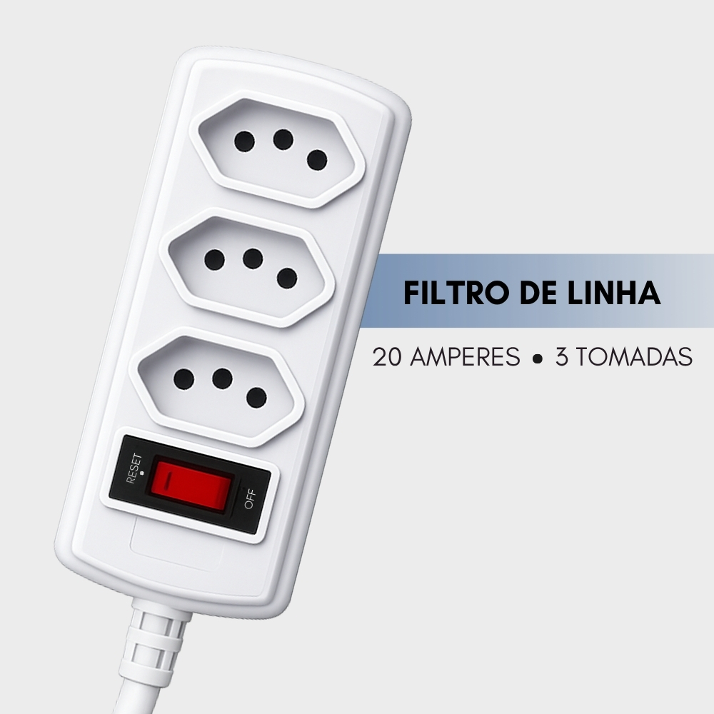 Imagem Filtro de Linha ar condicionado forno secador 3 tomadas 1,5 metros 20 Amperes force line