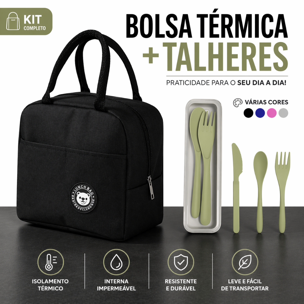 Kit Lancheira Bolsa Térmica Para Marmita Com Alça  Viagem Feminina + Porta Talher