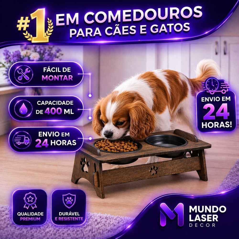 Comedouro Pet Elevado Suspenso MDF Duplo 2 Tigelas Ração Água| Compacto Funcional