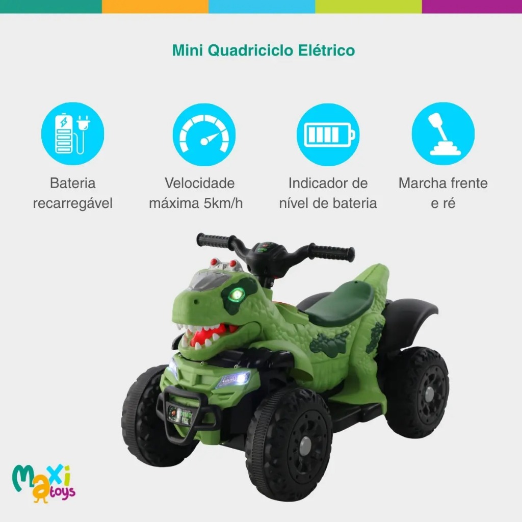 Quadriciclo Elétrico Infantil Marcha Frente/Ré Dino MaxiToys - Verde