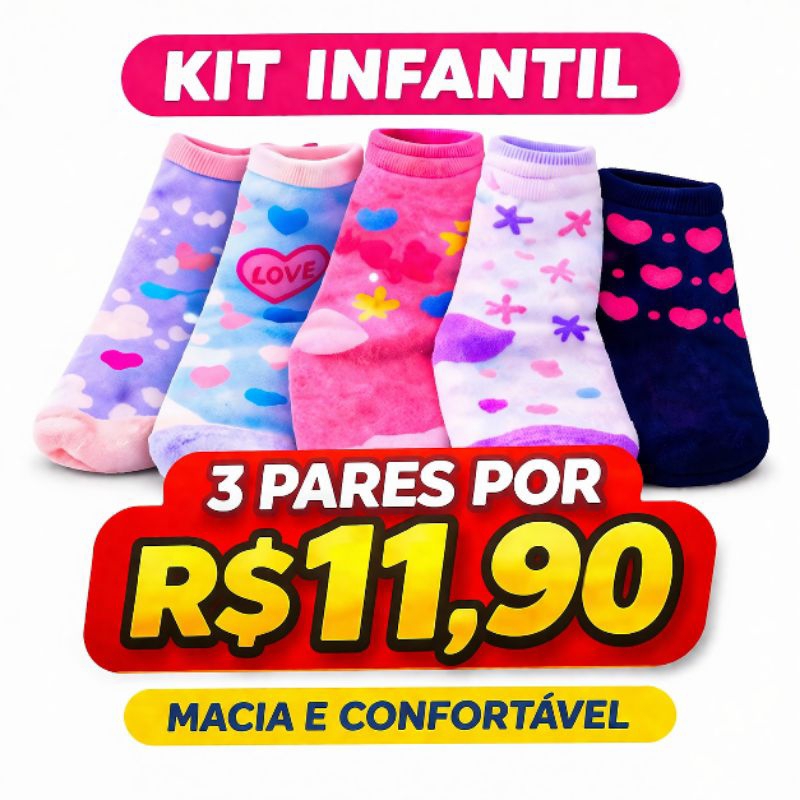⏳ Use o cupom e pague R$9,90 — só hoje”Kit Meia Infantil Feminina 3 6 9 Pares  Confortável Macia Bebê Criança Dia a Dia