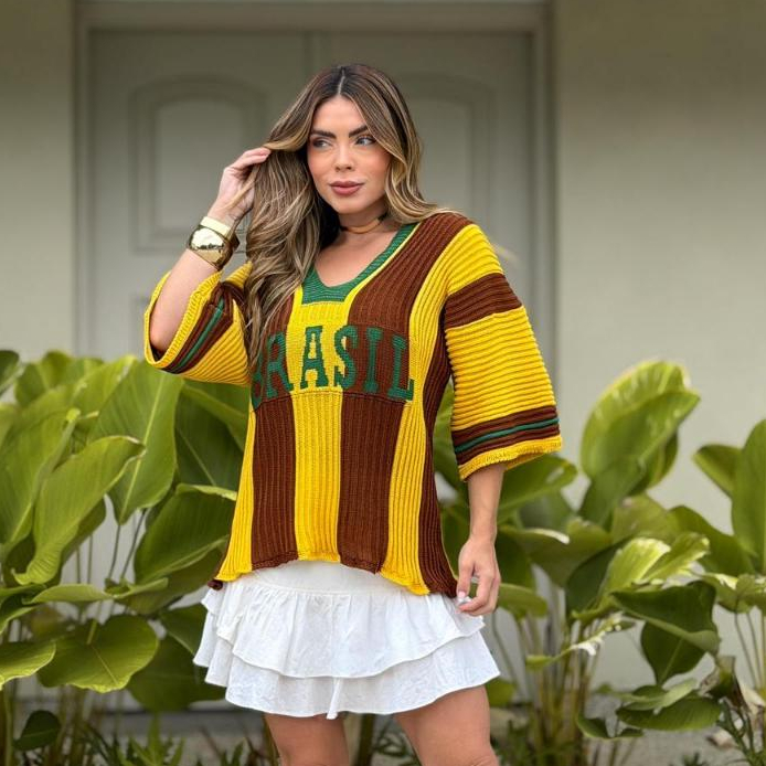 Blusa Tricot Brasil Feminina Manga Ampla Decote V Confortável Premium Copa do Mundo