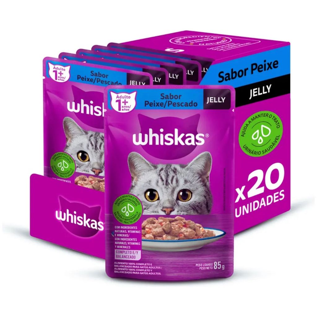 KIT 20 UNIDADES SACHÊ WHISKAS JELLY PEIXE 85G CADA