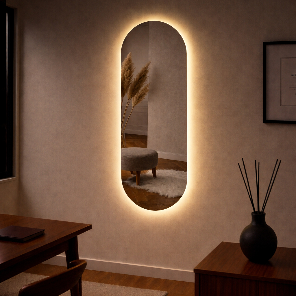 Espelho Oval Com Led 100cm x 35cm Polido Led Quente Neutro Frio Sem Led Sala Des