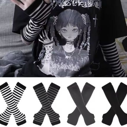 Luvas harajuku listrada preta e branca unissex y2k brat emo alternativo e-girl eboy grunge punk cosplay loli aesth