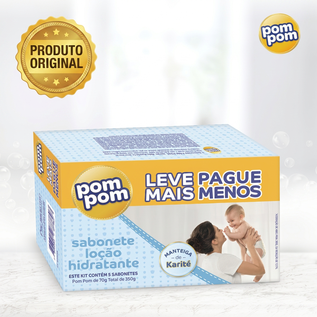 Kit Sabonete Pom Pom Loção Hidratante 5x70g Infantil Pele Delicada Barra Suave