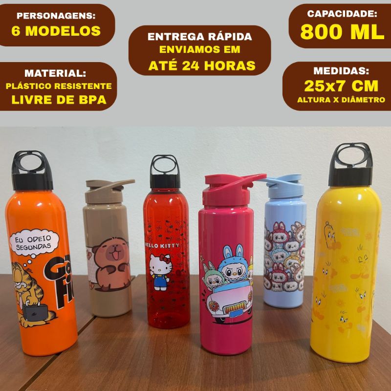 GARRAFA SQUEEZE 800 ML( GARFIELD, CAPIVARA, LABUBU, HELLO KITTY E PIU-PIU ) ESPORTES, LAZER E ROTINA