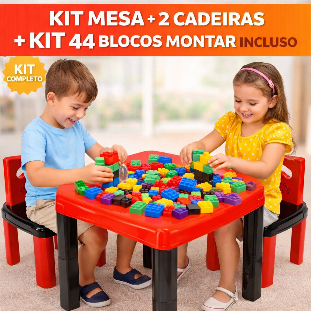 Kit Mesa Infantil 2 Cadeiras + Blocos Montar 44 Peças Educativo Brinquedo Criança Pedagógico KIds